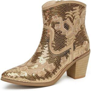 Women's Gold Ankle Low with Zipper Short Western Cowgirl Pointed Toe Booties